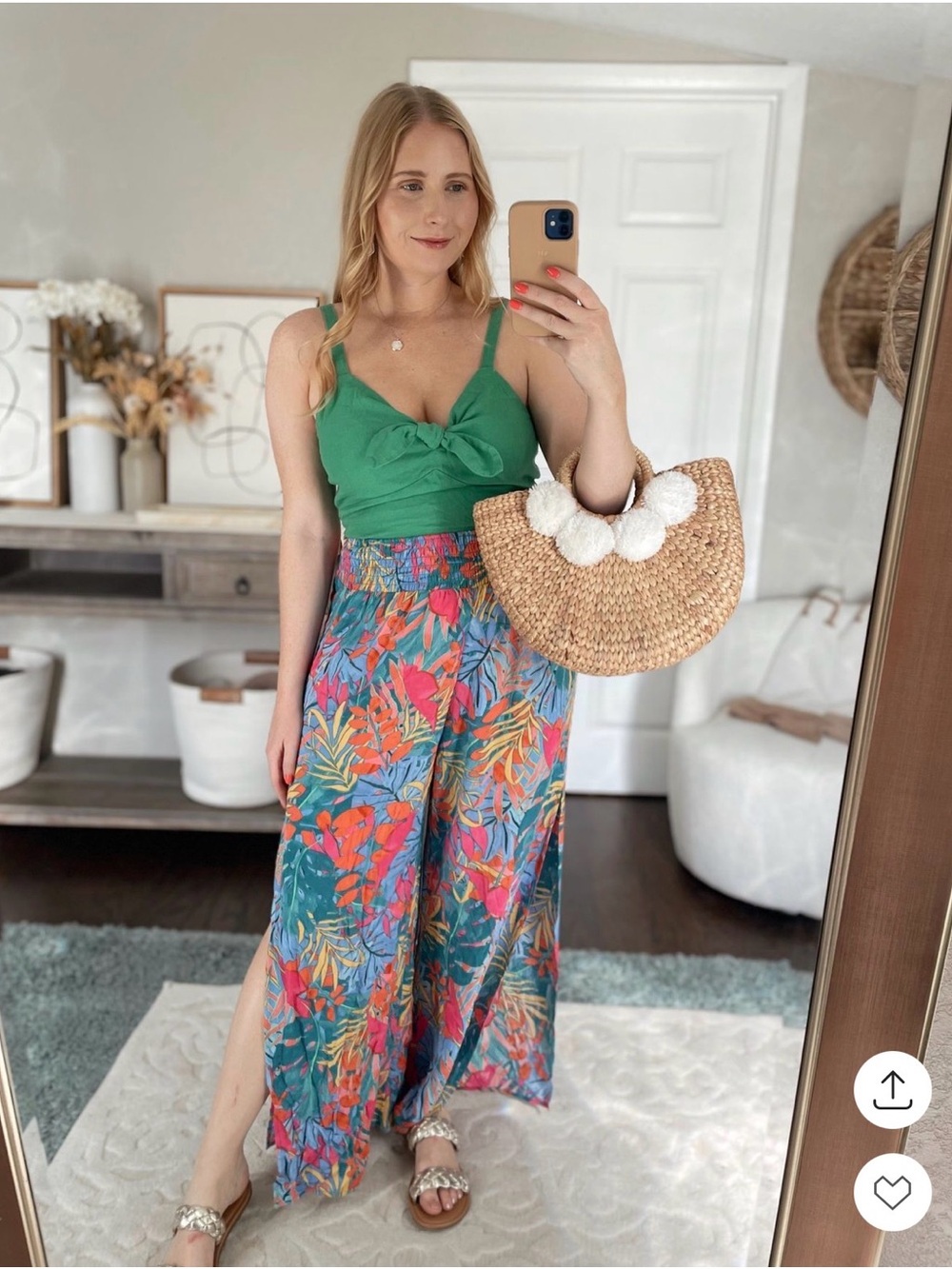 Kona Sol Tropical Print Wide-Leg Jumpsuit Pant in Green Multicolor